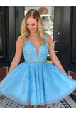 Blue Tulle Lace Appliques Short CocktailDress Beads Open Back Homecoming Dresses