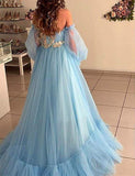 Blue Tulle Off the Shoulder Modern Prom Dresses Long Sleeve Quinceanera Dresses Rjerdress