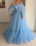 Blue Tulle Off the Shoulder Modern Prom Dresses Long Sleeve Quinceanera Dresses Rjerdress