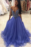Blue organza V-neck sequins A-line long prom dresses graduation dress for teens Rjerdress