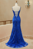 Blue Appliques Mermaid Straps Lace Up Long Prom Dress With Split