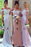 Blush Mermaid Off-the-Shoulder Sweep Train Stretch Long Bridesmaid Dresses with Lace