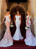 Blush Mermaid Off-the-Shoulder Sweep Train Stretch Long Bridesmaid Dresses with Lace Rjerdress