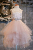 Blush Pink Flower Girl Dresses Cap Sleeve Asymmetric Tulle Lace Top Cute Dress for Kids Rjerdress