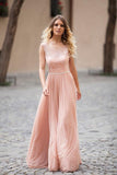 Blush Pink Lace Chiffon Sleeveless Illusion Backless Elegant A-Line Long Prom Dresses UK RJS280 Rjerdress