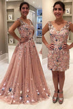 Blush Pink Tulle Beading Lace Appliques Prom Dresses Long Cheap Evening Dresses Rrjs609