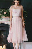 Blush Pink Two Piece Tea Length Tulle Bridesmaid Dresses with Pearls Homecoming Dresses H1123 Rjerdress