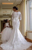 Boat Neck 3/4 Length Sleeves Wedding Dresses Mermaid Tulle With Applique