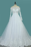 Boat Neck A Line Long Sleeves Bridal Dresses Tulle With Applique