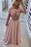 Boat Neck Long Sleeves Prom Dresses A Line Chiffon With Applique And Beads Rjerdress
