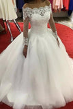 Boat Neck Long Sleeves Wedding Dresses Ball Gown Tulle With Appliques Rjerdress