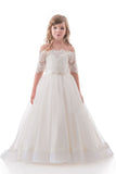 Boat Neck Mid-Length Sleeves A Line Tulle With Applique Flower Girl Dresses Rjerdress
