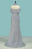 Boat Neck Prom Dresses Mermaid Sequins With Sash And Slit Rjerdress