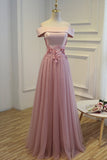 Boat Neck Tulle With Applique Prom Dresses A Line Floor Length Rjerdress