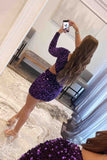 Bodycon Long Sleeve One Shoulder Purple Homecoming Dresses Rjerdress