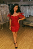 Bodycon Spaghetti Straps Cold-Shoulder Feather Short/Mini Homecoming Dress Rjerdress