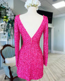 Bodycon V-Neck Sequin Tight Homecoming Dress with Long Sleeves Rjerdress