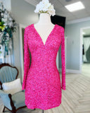 Bodycon V-Neck Sequin Tight Homecoming Dress with Long Sleeves Rjerdress