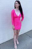 Bodycon V-Neck Sequin Tight Homecoming Dress with Long Sleeves