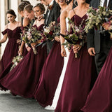 Bohemian A Line Chiffon Off The Shoulder RJSaghetti Straps Burgundy Bridesmaid Dresses Rjerdress