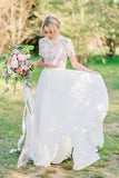 Bohemian Forest A Line Two Piece Scoop Short Sleeves Lace Chiffon Wedding Dresses Rjerdress
