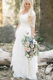 Bohemian Forest A Line V Neck Half Sleeves Sweetheart Lace Chiffon Wedding Dresses uk