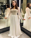 Boho A Line Sheer Neck Long Sleeves Lace Appliques  Wedding Dress Bride Dress Rjerdress