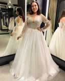 Boho A Line Sheer Neck Long Sleeves Lace Appliques  Wedding Dress Bride Dress
