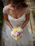 Boho Cap Sleeve with Beadings Elegant Tulle A Line Vintage Wedding Dress Rjerdress