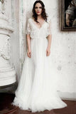 Boho Wedding Dresses Floor Length V Neck Long Rustic Wedding Gown, Bride Dress Rjerdress
