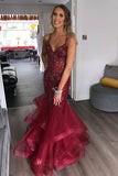 Brand New Top Quality Burgundy Tulle V-neck Beading Mermaid Prom Dresses with Ruffles
