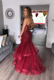 Brand New Top Quality Burgundy Tulle V-neck Beading Mermaid Prom Dresses with Ruffles Rjerdress