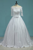 Bridal Dresses Boat Neck Satin With Applique And Sash A Line Rjerdress