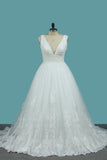 Bridal Dresses V Neck Tulle A Line With Applique Sweep Train Rjerdress