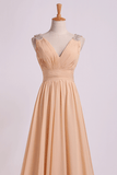 Bridesmaid Dress V Neck A Line Floor Length Chiffon With Beads Rjerdress