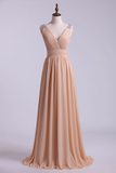 Bridesmaid Dress V Neck A Line Floor Length Chiffon With Beads Rjerdress
