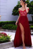 Burgundy A-Line Off-the-Shoulder Sleeveless Sweetheart High Split Lace Long Prom Dresses UK RJS283 Rjerdress