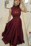 Burgundy High Neck Lace Prom Dresses Beads Satin Long Cheap Sleeveless Dresses RJS573