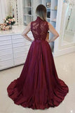 Burgundy High Neck Lace Prom Dresses Beads Satin Long Cheap Sleeveless Dresses RJS573 Rjerdress