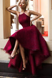 Burgundy/Maroon Lace Halter Prom Dress High Low Rjerdress