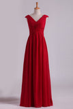 Burgundy Off The Shoulder Party Dresses A Line Ruched Bodice Chiffon Floor Length