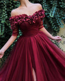 Burgundy Off the Shoulder Maroon Long Prom Dresses Short Sleeves Slit Formal Dress RJS468 Rjerdress