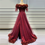 Burgundy Off the Shoulder Maroon Long Prom Dresses Short Sleeves Slit Formal Dress RJS468 Rjerdress