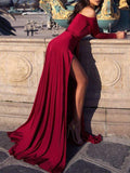 Burgundy Off the Shoulder Maroon Prom Dresses Long Sleeves Slit Formal Dress RJS468 Rjerdress