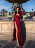Burgundy Off the Shoulder Maroon Prom Dresses Long Sleeves Slit Formal Dress RJS468