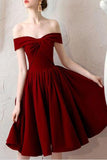 Burgundy Off the Shoulder Pleated Homecoming Dress, Knee Length Prom Dresses Rjerdress