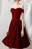 Burgundy Off the Shoulder Pleated Homecoming Dress, Knee Length Prom Dresses