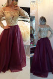 Burgundy Princess Lace Bodice Long Sleeves A-Line Organza Dark Red Evening Dresses RJS14 Rjerdress
