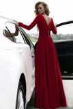 Burgundy Prom Dresses With Slit V Neck Cheap Long Sleeve Prom Dress Evening Dress Rjerdress