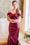 Burgundy Sequin Off-the-Shoulder Short Sheath Cheap Modest Bridesmaid Dresses RJS49 Rjerdress
